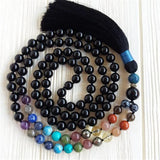 Mala 108 perles en tourmaline noire 8 mm à pampille