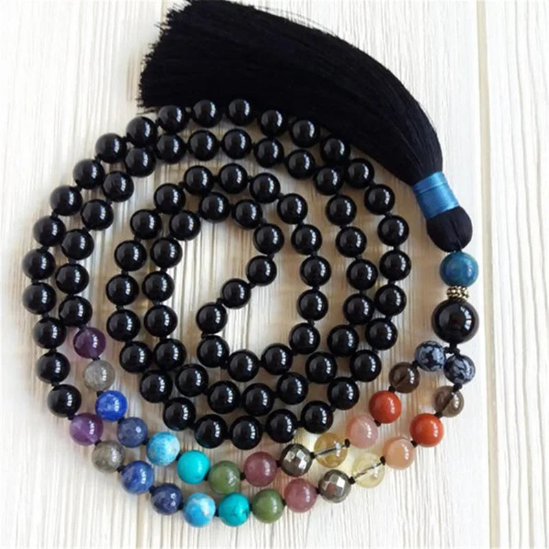 Mala 108 perles en tourmaline noire 8 mm à pampille