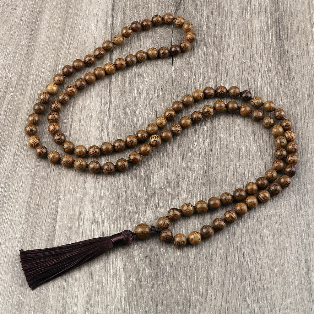 Collier mala 108 perles avec pompon, fermoir élastique
