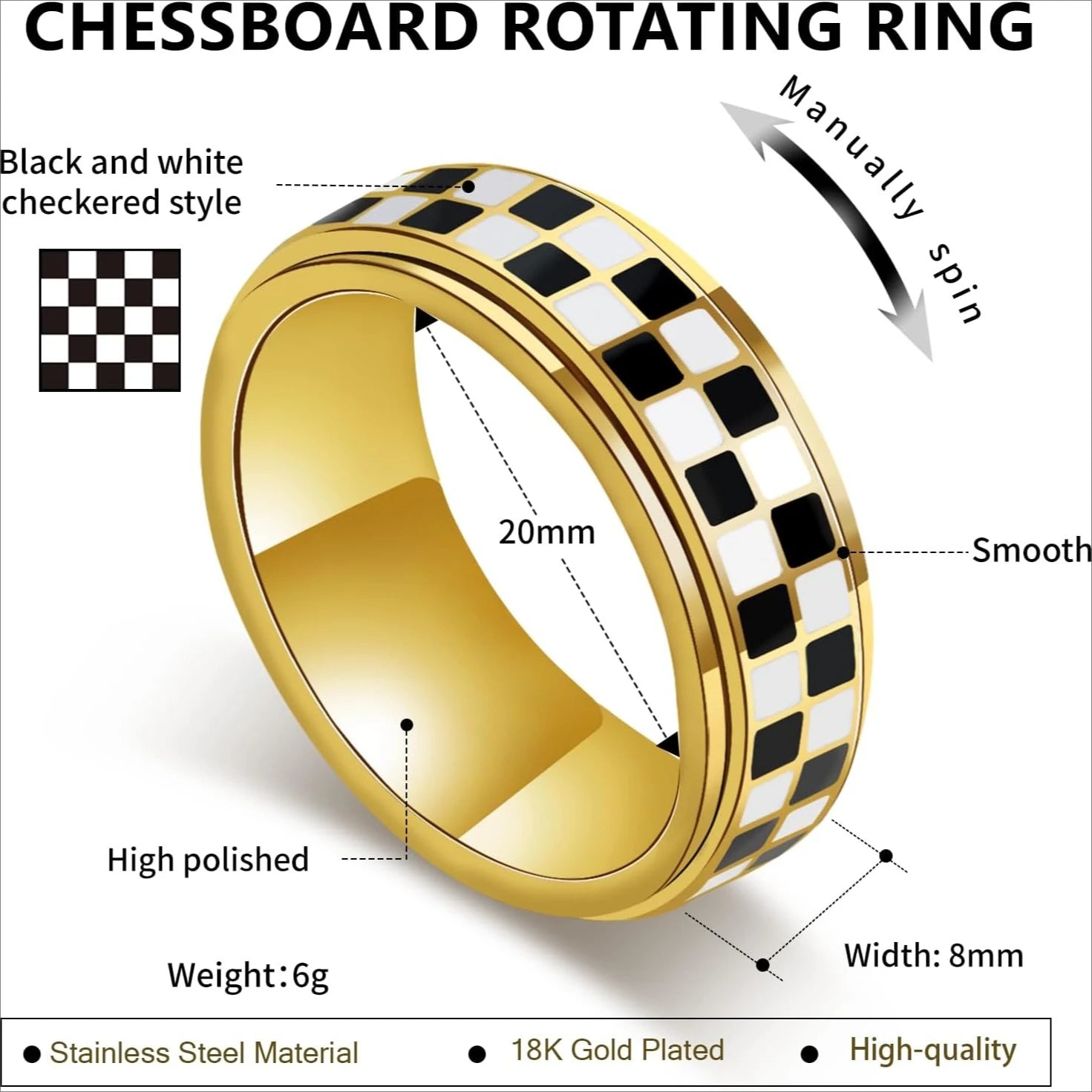 Bague anti-stress rotative motif damier