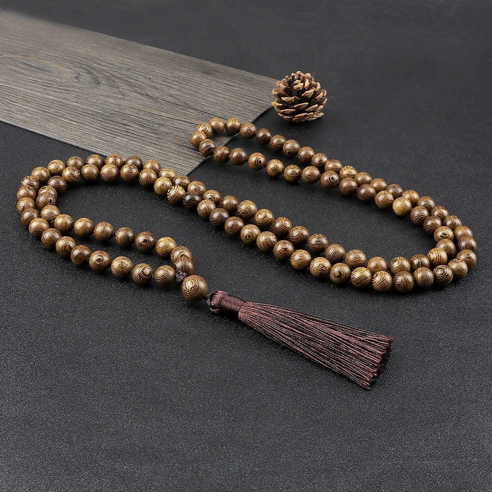 Collier mala 108 perles avec pompon, fermoir élastique
