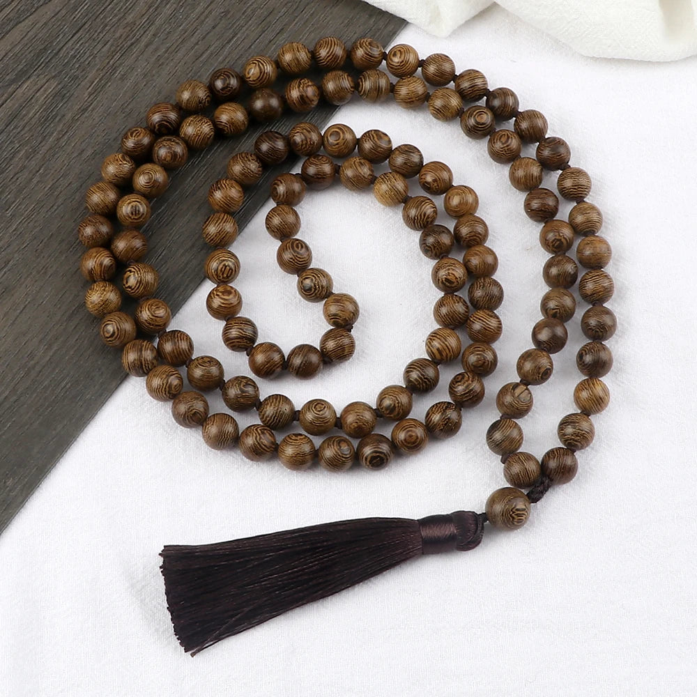 Collier mala 108 perles avec pompon, fermoir élastique