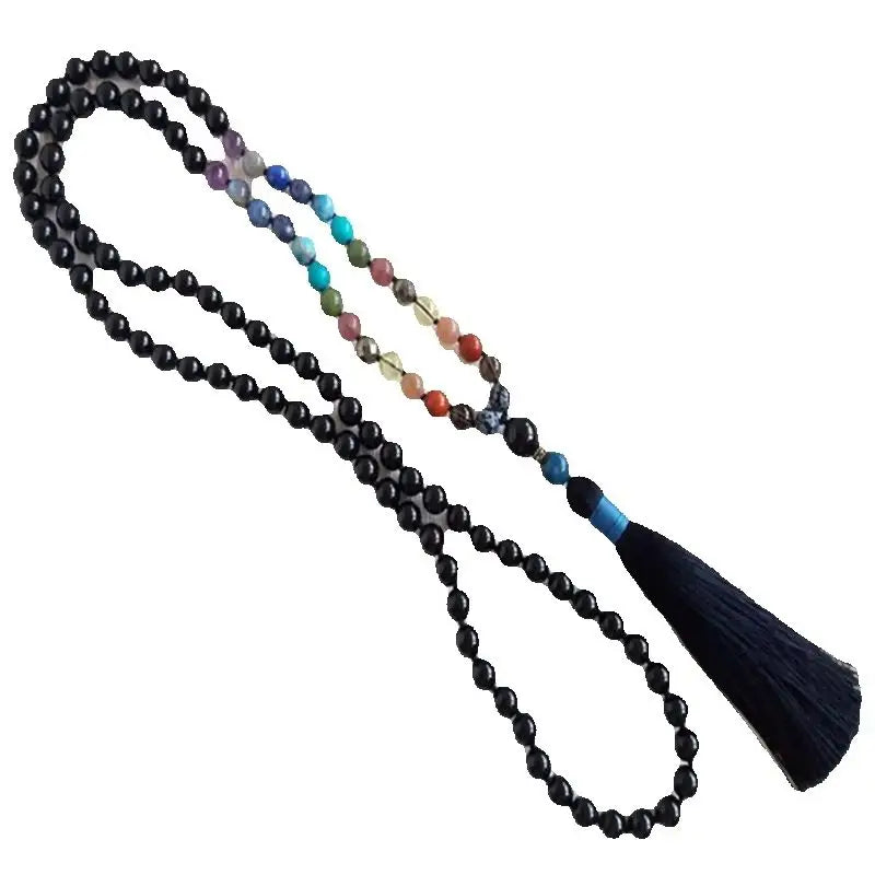 Mala 108 perles en tourmaline noire 8 mm à pampille