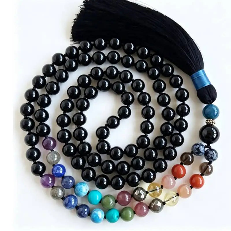 Mala 108 perles en tourmaline noire 8 mm à pampille