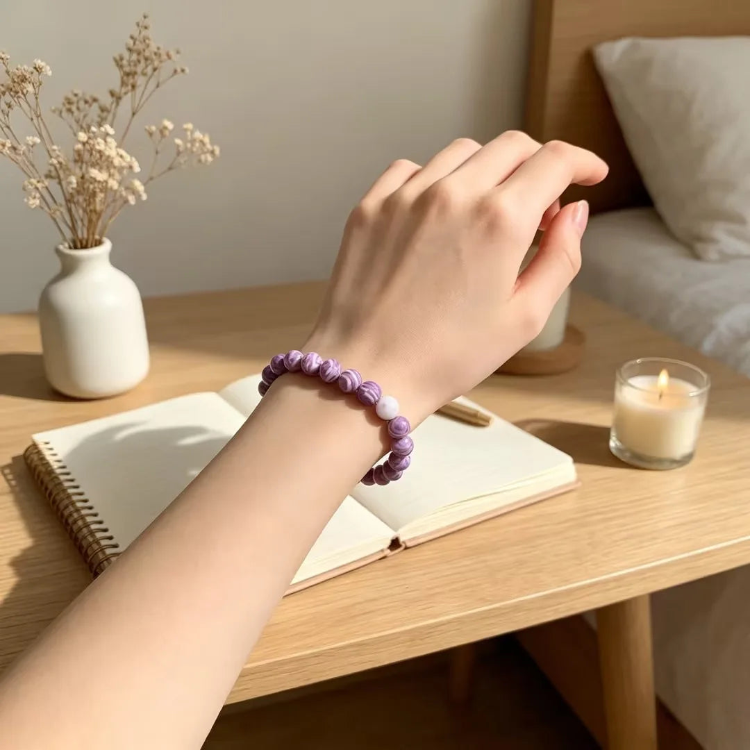 Bracelet en perles de pierre violette striée, mixte