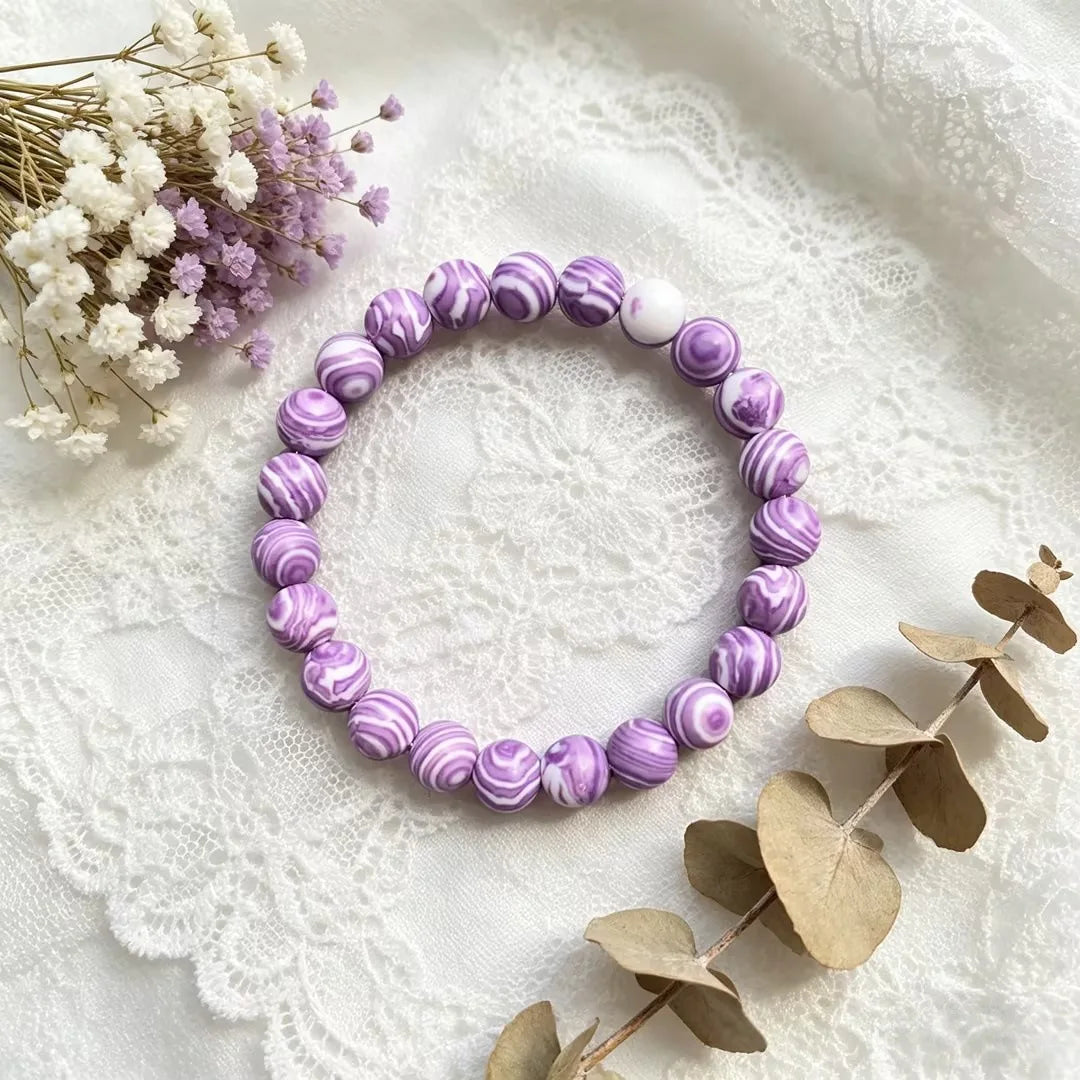 Bracelet en perles de pierre violette striée, mixte