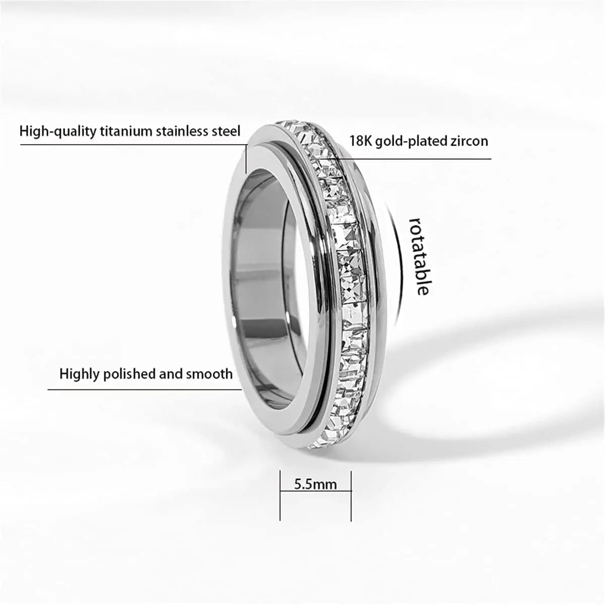 Bague anti-stress rotative en acier titane et zircone cubique