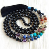 Mala 108 perles en tourmaline noire 8 mm à pampille