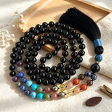 Mala 108 perles en tourmaline noire 8 mm à pampille