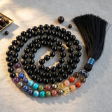 Mala 108 perles en tourmaline noire 8 mm à pampille