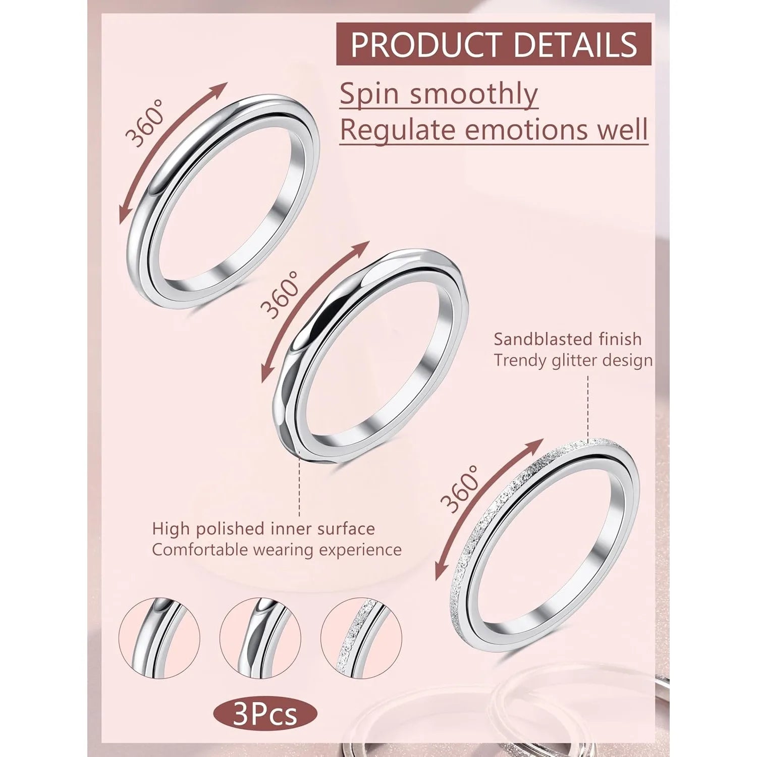 Lot de 3 bagues anti-stress rotatives en acier inoxydable